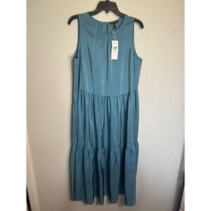 EILEEN FISHER Silk Tiered Layered Ruffle Dress Size Medium Womens Teal NWT